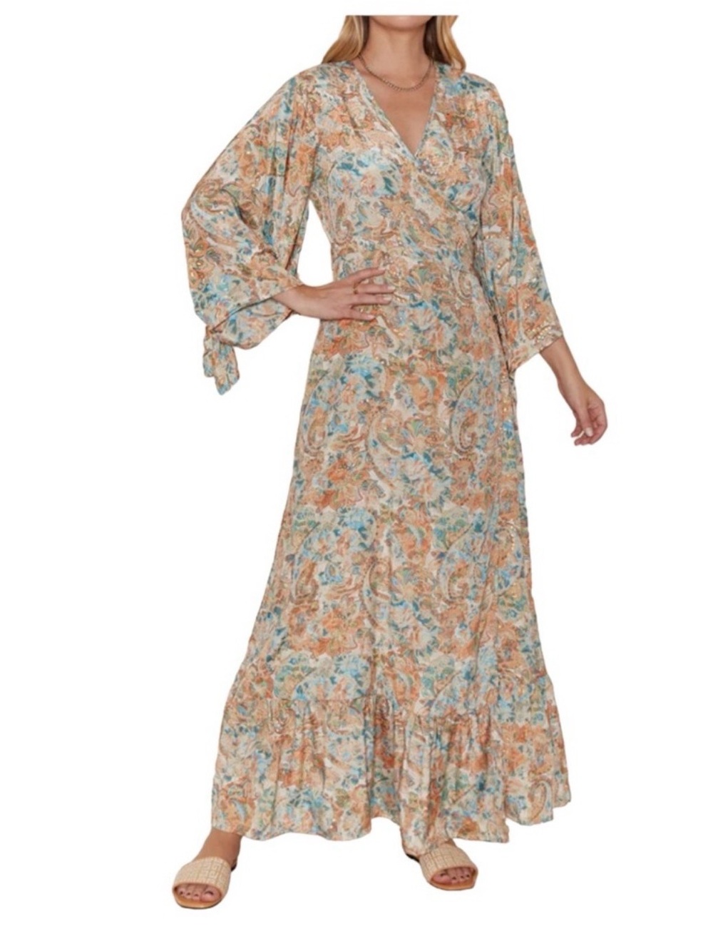 RAGA Diya Wrap Maxi Dress Paisley Kimono Sleeve Boho Size Large NWT